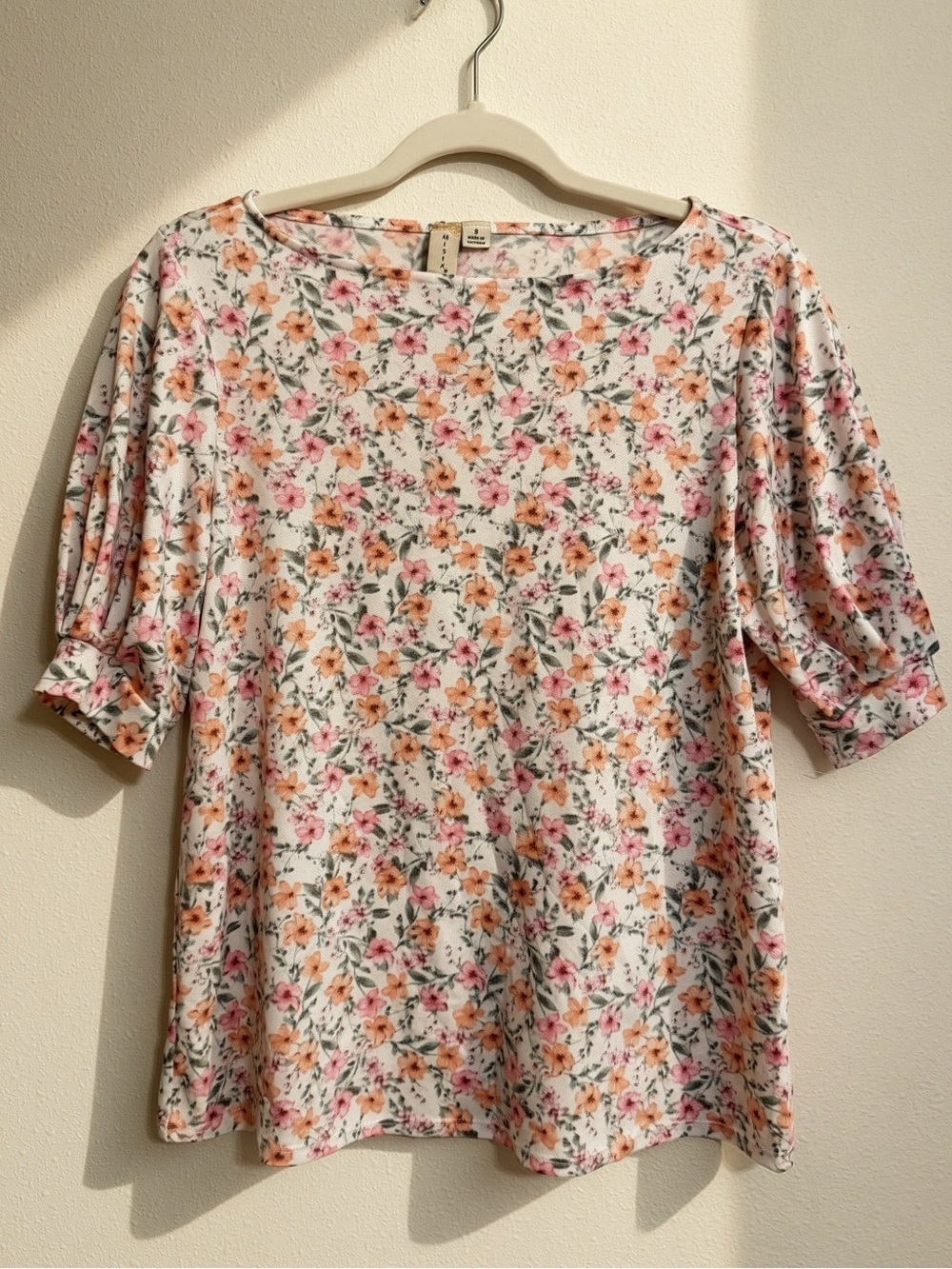 Misia Floral Puff Sleeve Blouse Size S Pink Coral Cream Boat Neck Cottagecore